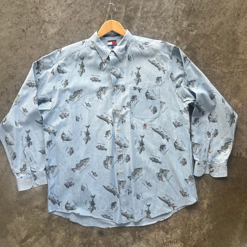 Vintage Tommy Hilfiger Fish Print Oxford Shirt XL Button Down Gorpcore Blue